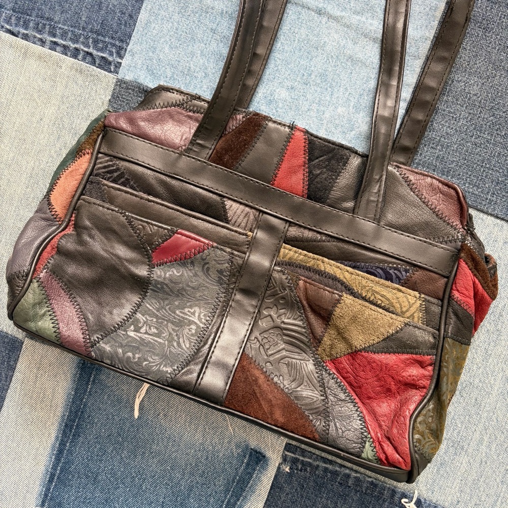 patchwork leather shoulder bag boho suede jewel t… - image 4